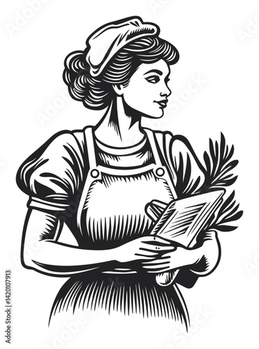 Vintage Woodcut Style Illustration of a Woman with Tools and Plants