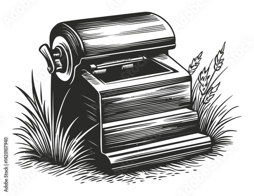 Vintage Printing Press Engraving in Black and White Style Detail