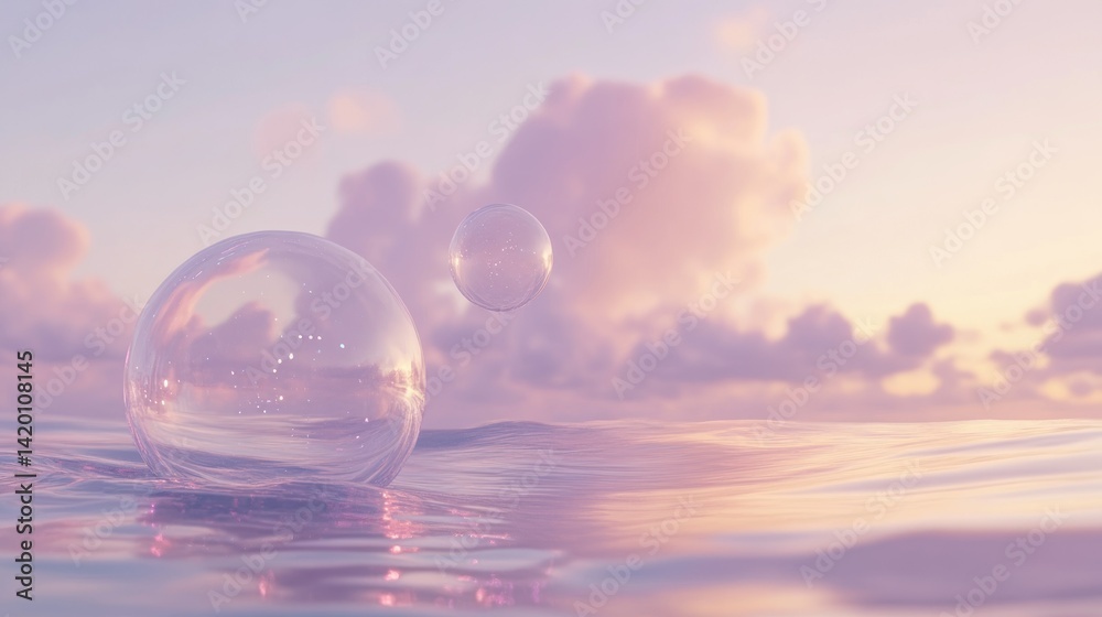 Two transparent spheres float above a reflective water surface Two transparent spheres float above a reflective water surface