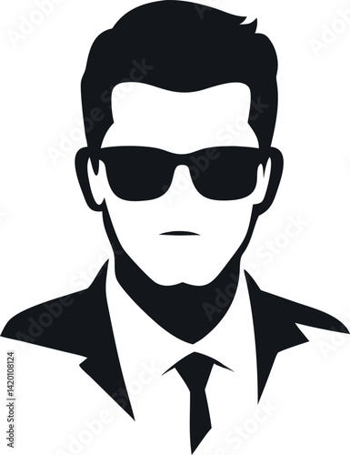 Silhouette Man, Sunglasses, Suit, Tie, Stylish Hair, Isolated on White Background