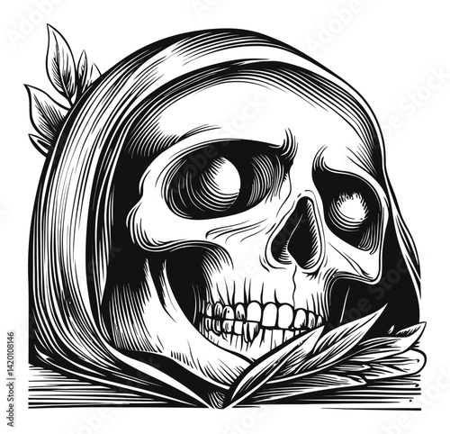 Detailed Woodcut Engraving of a Skull with Draped Cloth and Leaves