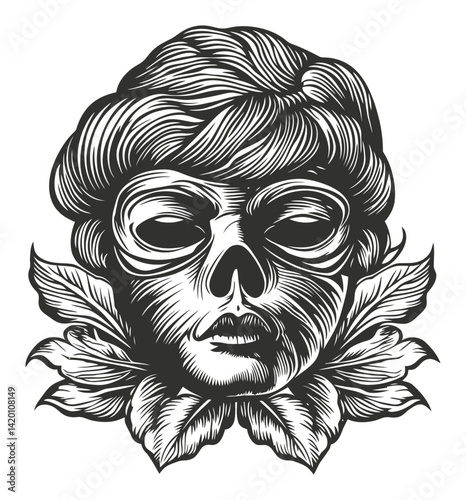 Intricate Woodcut Style Skull and Leaf Design Illustration