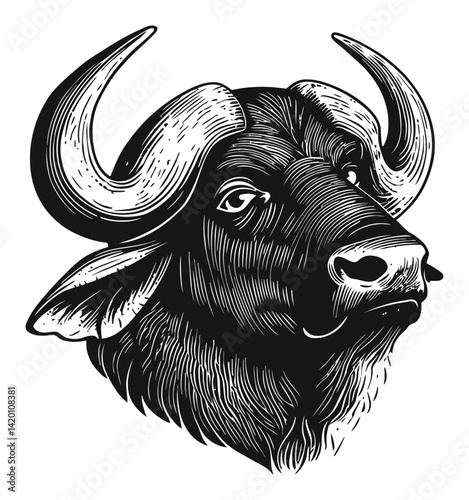 Detailed Black and White Woodcut of a Buffalo's Head