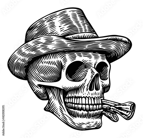 Vintage Engraving of a Skull Wearing a Hat with a Cigarette