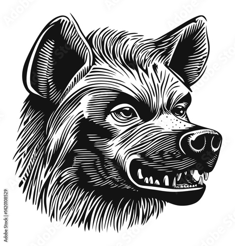Detailed Woodcut Style Illustration of a Hyena Head in Black and White