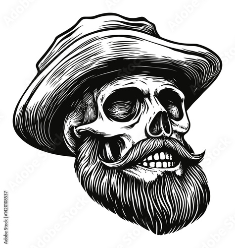 Hand-Drawn Engraving of Skull Wearing Cowboy Hat with Beard