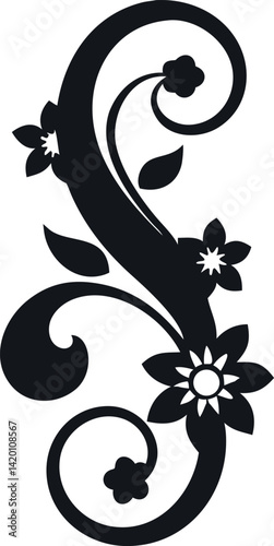 Abstract Floral Design with Swirls, Leaves, and Flowers on White Background