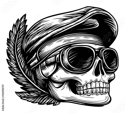 Vintage Engraved Skull with Military Cap and Sunglasses Design