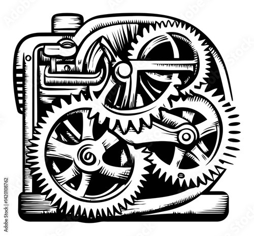 Detailed Woodcut of Intricate Machinery Gears and Cogs Design
