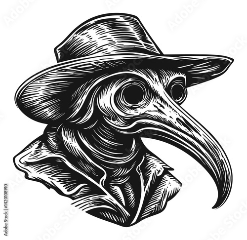 Plague Doctor Woodcut Illustration with Vintage Style Hat