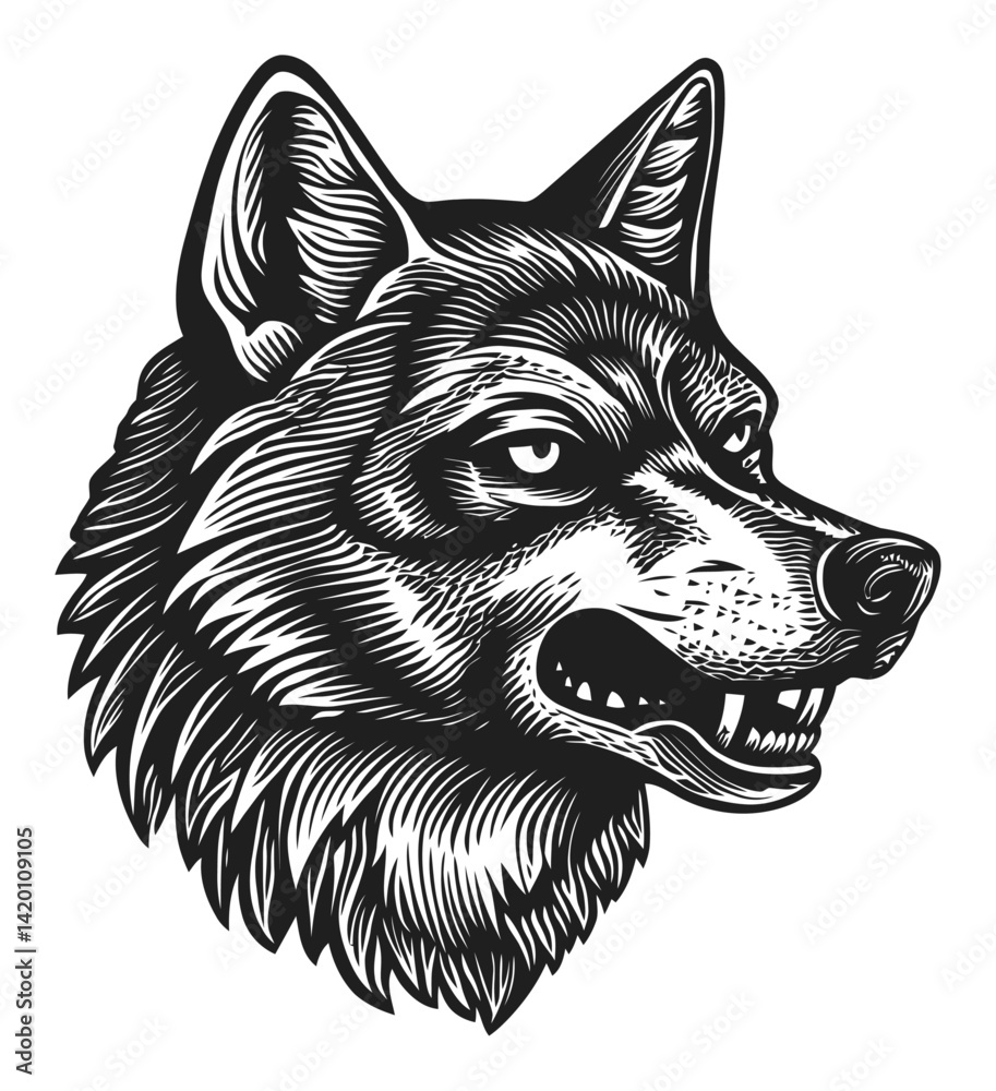 Obraz premium Detailed Illustration of a Wolf Head in Woodcut Style Artwork