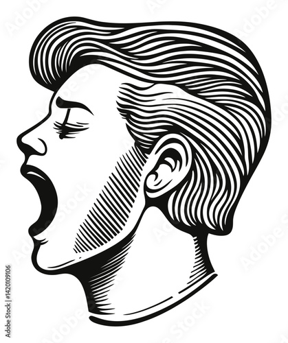 Vintage Engraving of Yawning Man in Black and White Style