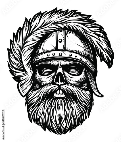 Skull Warrior Design with Helmet and Beard in Bold Woodcut Style
