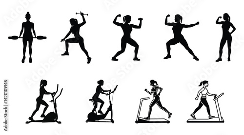 Female Fitness Silhouettes: Women Working Out with Gym Equipment and Weights