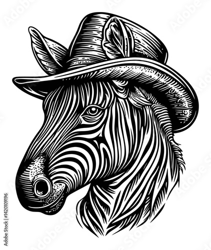 Detailed Engraving of a Zebra with a Cowboy Hat in Black and White