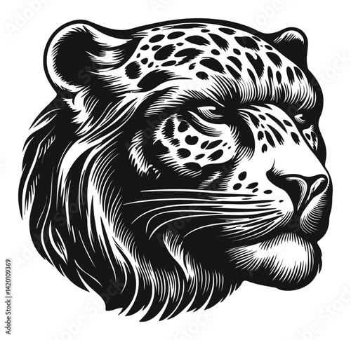 Detailed Black and White Illustration of a Leopard's Head