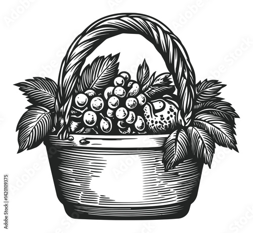 Woodcut Engraving of Basket with Grapes and Leaves Design