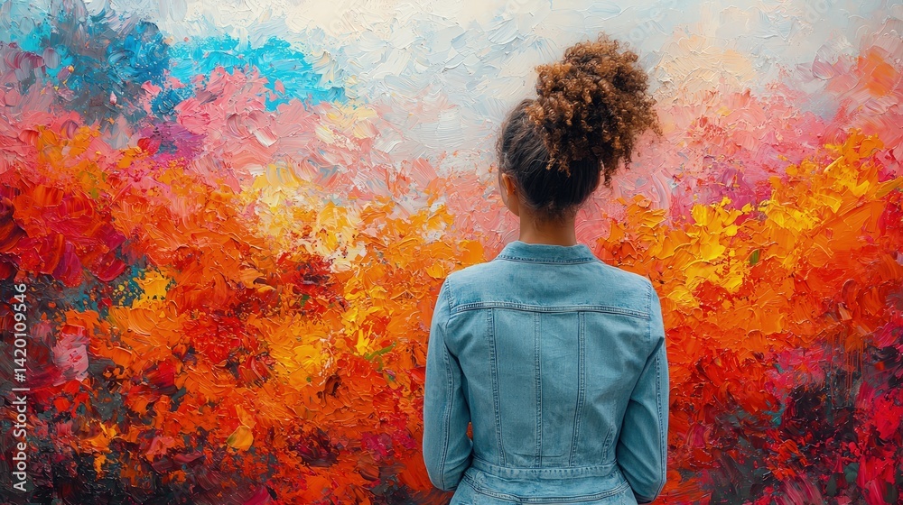 Obraz premium Woman stands facing colorful abstract painting in a gallery or museum setting.
