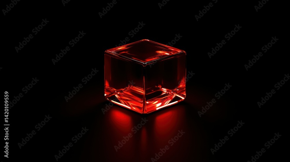 A glowing red glass cube is centered against black backdrop A glowing red glass cube is centered against black backdrop