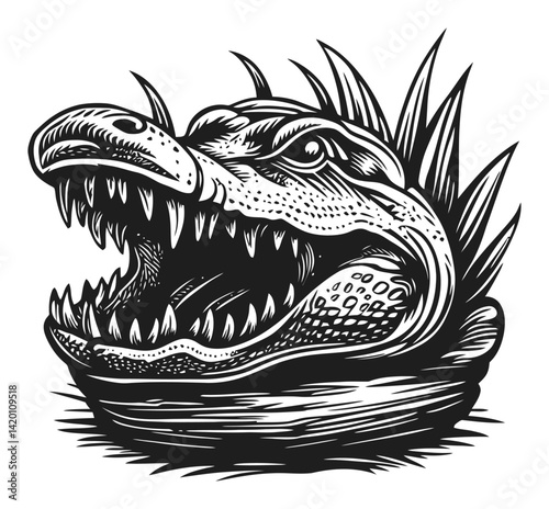 Detailed Woodcut Engraving of a Fierce Creature Head Illustration
