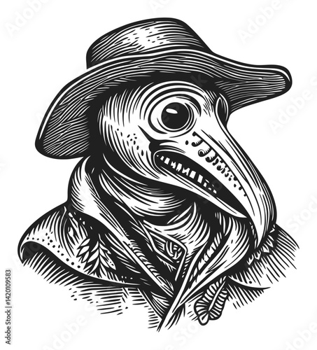 Detailed Woodcut Illustration of a Bird-headed Figure in Hat