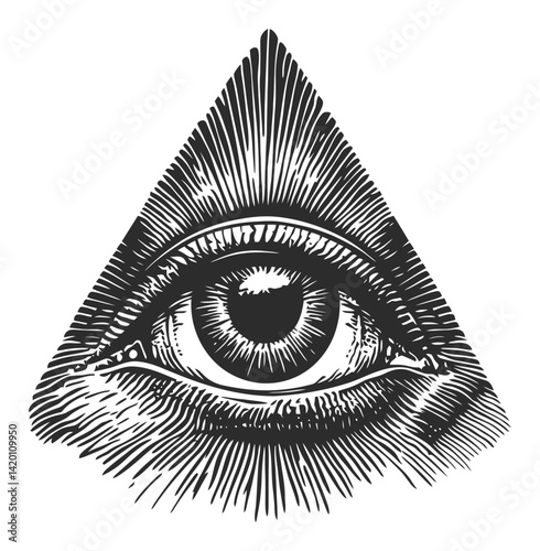 Intricate Woodcut Engraving of an All-Seeing Eye in a Triangle Shape