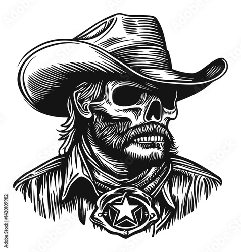 Skull Cowboy Illustration in Woodcut Style for Western Theme