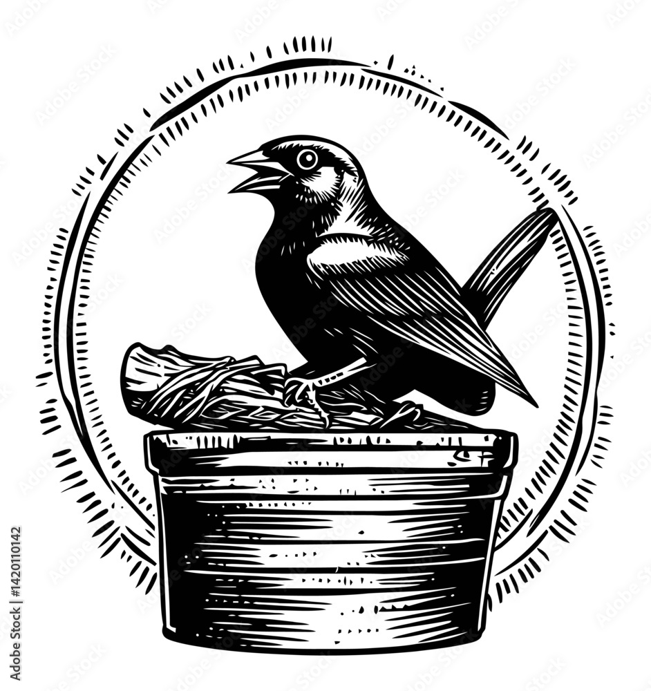 Naklejka premium Engraved Bird on Wooden Log in Circular Frame Black and White Design