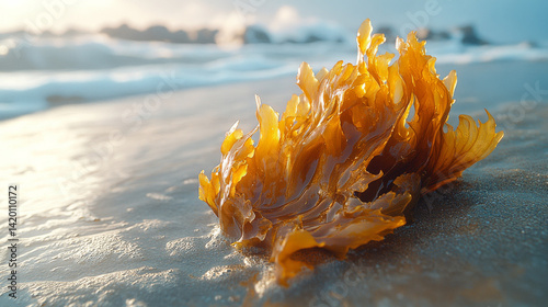 Close-up of Fucus spiralis, a spiral wrack seaweed species growing naturally along a beach