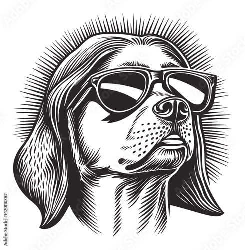 Stylish Dog with Sunglasses in Engraving and Woodcut Style Design