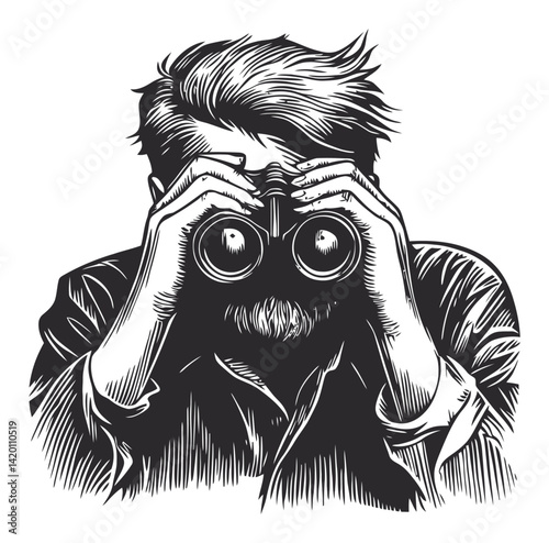 Man Observing Through Binoculars in a Vintage Woodcut Style