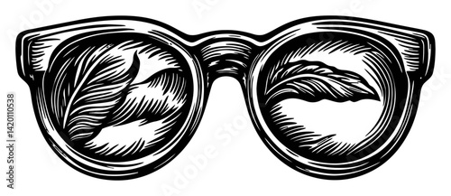 Vintage Woodcut Illustration of Sunglasses with Leaf Details