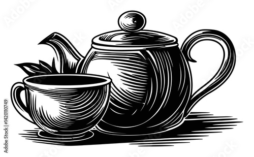 Vintage Teapot and Cup Woodcut Engraving Art for Decor