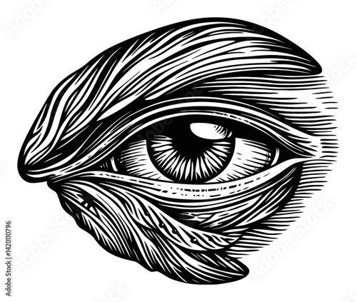 Intricate Black and White Woodcut Style Eye Design with Leaves