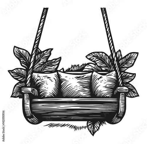Rustic Wooden Swing with Cushions and Leaves in Engraving Style