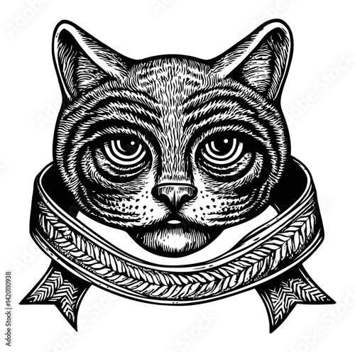 Detailed Cat Head Illustration in Woodcut Style with Banner Design