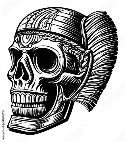 Detailed Black and White Woodcut of a Decorated Skull