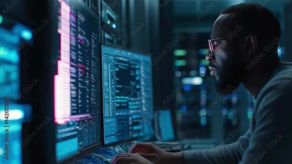 Focused Observer in Tech: A dedicated individual, absorbed in their work, monitors complex systems on multiple screens within a high-tech environment. Focused Observer in Tech: A dedicated individual, absorbed in their work, monitors complex systems on multiple screens within a high-tech environment.
