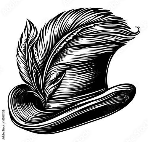 Elegant Hat with Feathers Designed in Woodcut Engraving Style