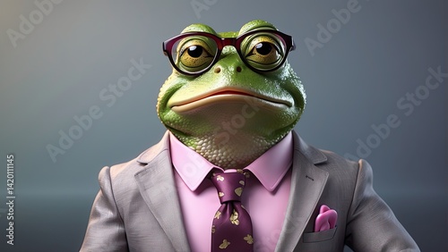 A whimsical green frog wearing large glasses and a pink dress shirt with a tie sits at a desk.