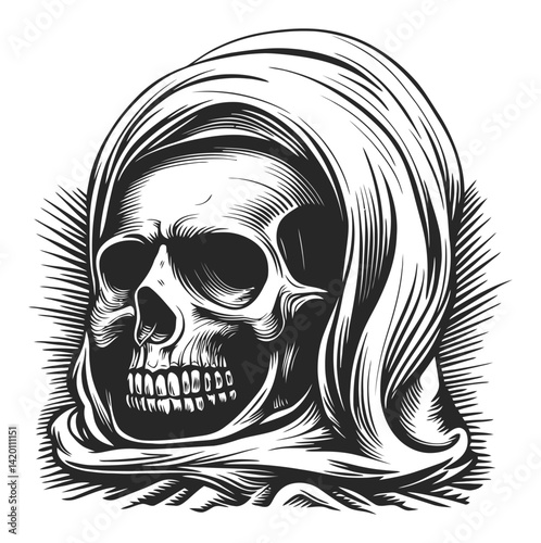 Detailed Illustration of a Skull Wrapped in a Hooded Shroud