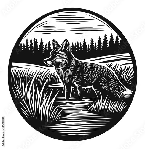 Fox in Grassland: Classic Woodcut Engraving Style Artwork