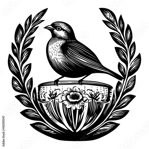 Detailed Woodcut Style Bird Illustration with Laurel Wreath Design
