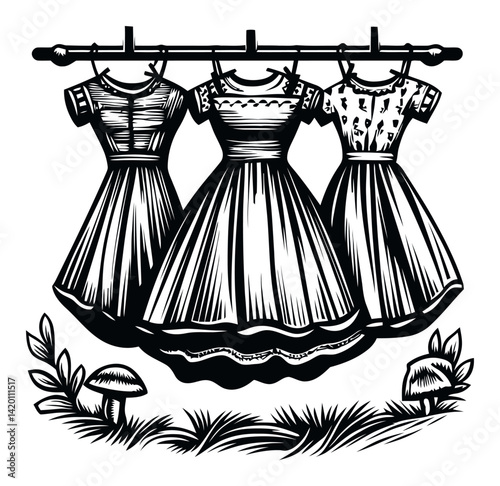 Vintage Fashion Illustration of Dresses Hanging on a Line