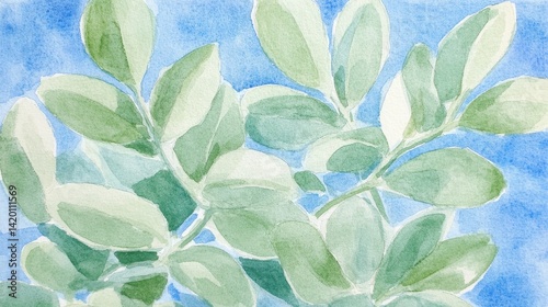 Watercolor leaves against blue sky serene nature scene