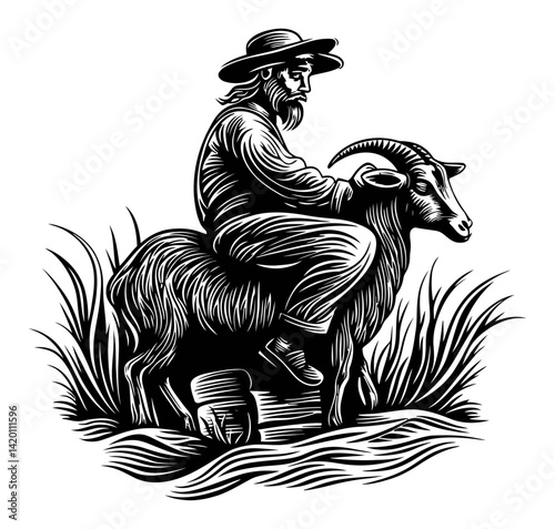 Handsome Man Riding Goat in Detailed Woodcut Style Artwork
