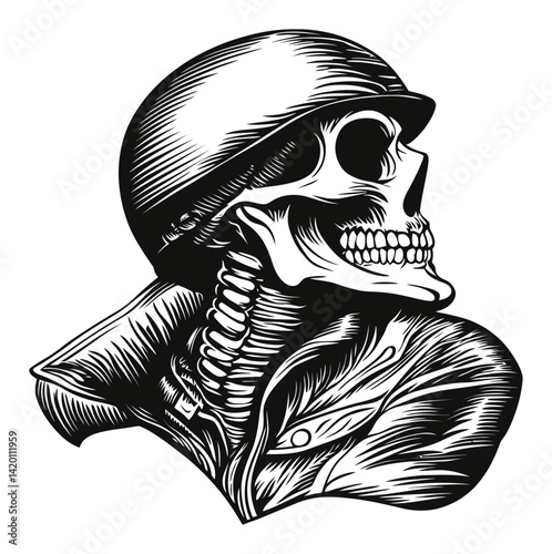 Vintage Skeleton Soldier in Helmet with Detailed Woodcut Style