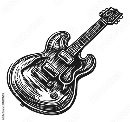 Detailed Woodcut Style Illustration of an Electric Guitar