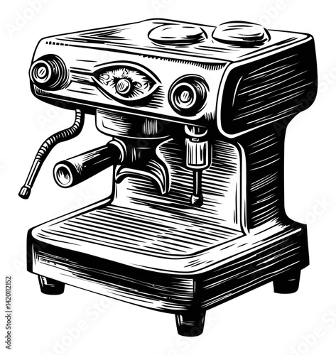 Engraved Woodcut of Vintage Espresso Coffee Machine Design