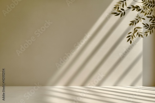 Minimalist beige room with sunlit shadows and foliage. photo